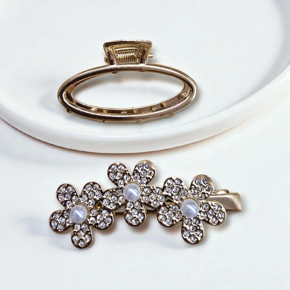 Elegant Floral Hair‎ Clip 2-Piece Set In Gold Or Silver Tone